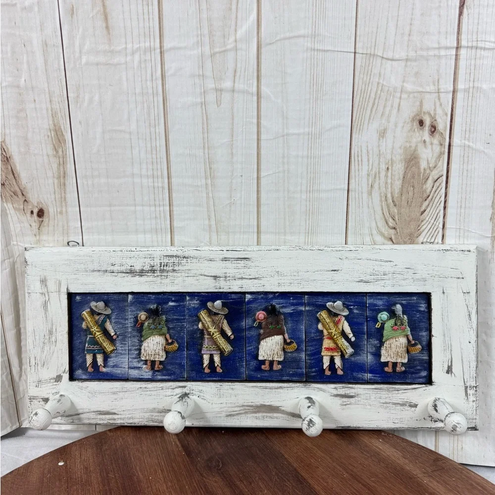 Rustic White Wall Hook Rack with Blue Folk Figure Tile Inlay